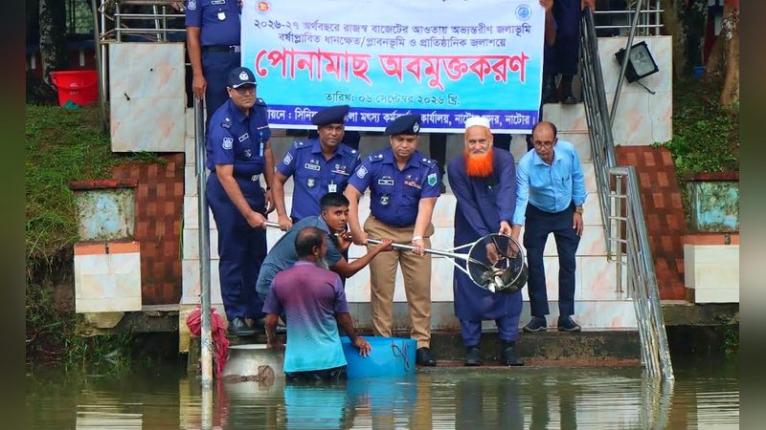 নাটোরে অভ্যন্তরীণ জলাশয়ে দুই টন মাছের পোনা অবমুক্তকরণ শুরু